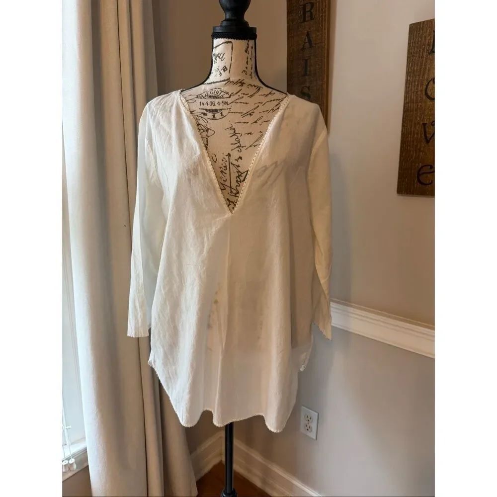 J. Crew Women's Plunge V-neck Beaded Detail Cotton Tunic Top White Large